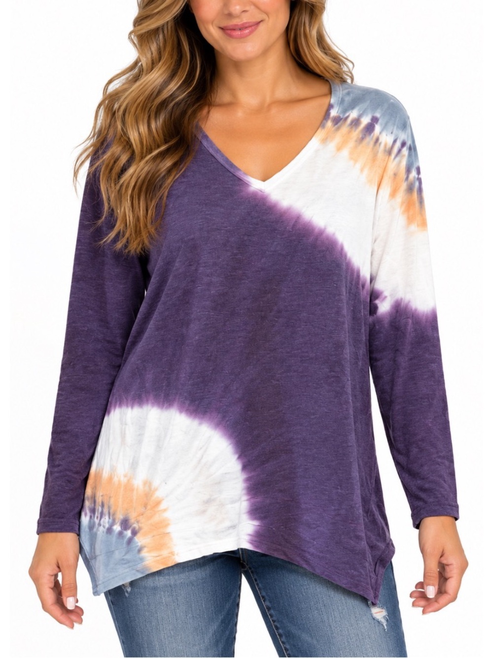 Green Tea Women's purple tie-dye long sleeve V-neck top- Medium